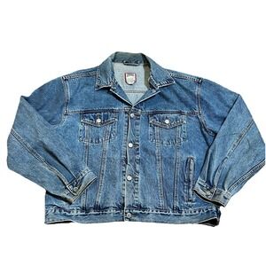 Vtg Old Navy Denim Jacket Mens Large Blue Jean Trucker Medium Wash Biker Rugged